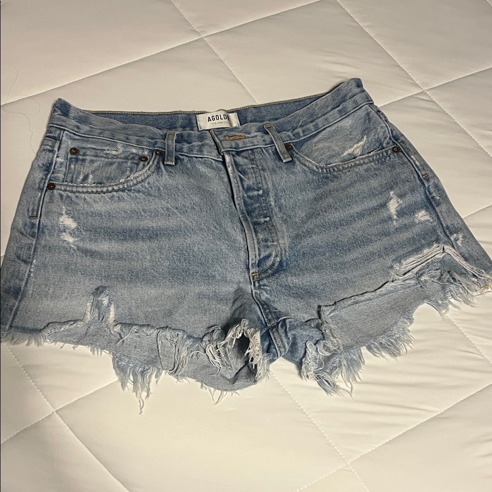 Agolde Light Blue Frayed Hem Distressed Denim Shorts